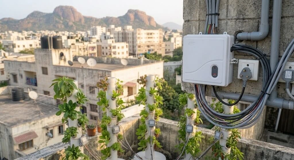 Voltage stabiliser and surge protector installed for hydroponic electrical equipment