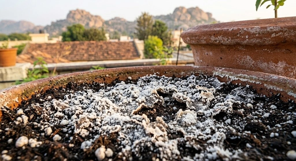 white salt crust on container soil from hard water India