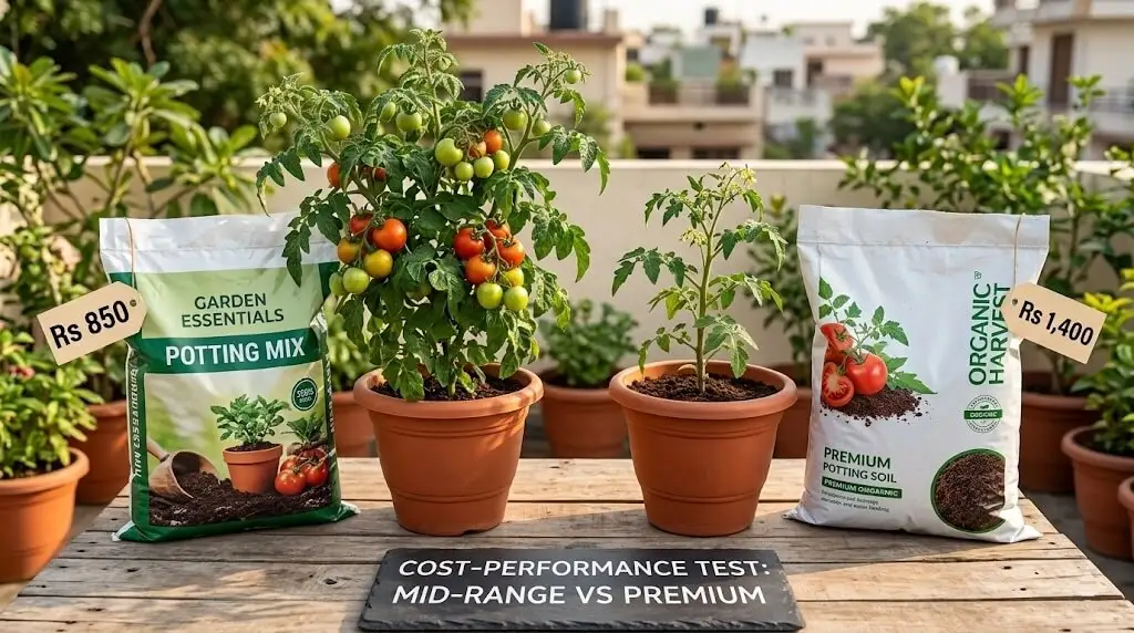 Winner mid-range potting mix Rs 850 bag with healthy tomato plant beside premium Rs 1400 bag