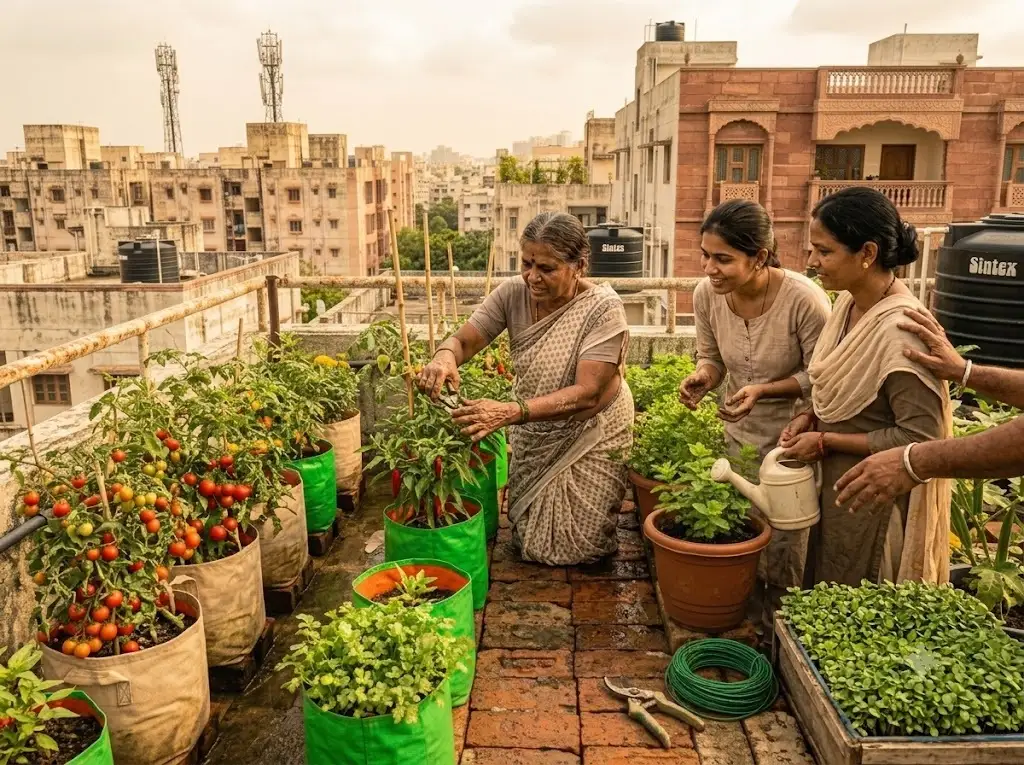 Women being trained in urban terrace farming techniques