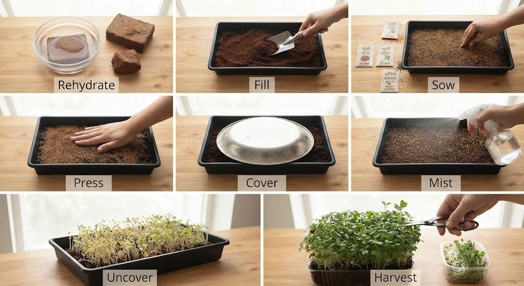 "A shallow tray of just-sown microgreen seeds covered with an upside-down steel plate, sitting on an Indian kitchen counter, slightly dim lighting to suggest the dark germination phase, photorealistic."
