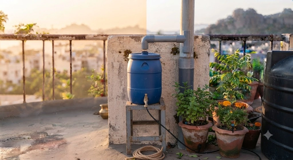 balcony rain barrel drum setup Indian apartment