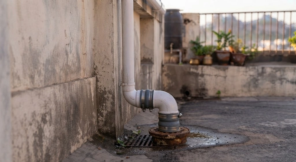 balcony floor drain PVC pipe connection apartment India