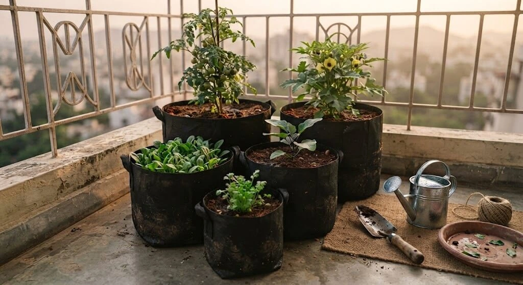HDPE grow bags with cocopeat and vermicompost soil mix on an Indian balcony