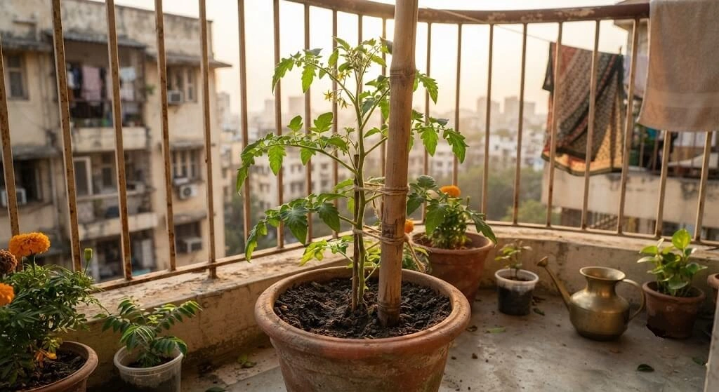 bamboo stakes supporting tomato chilli plant India