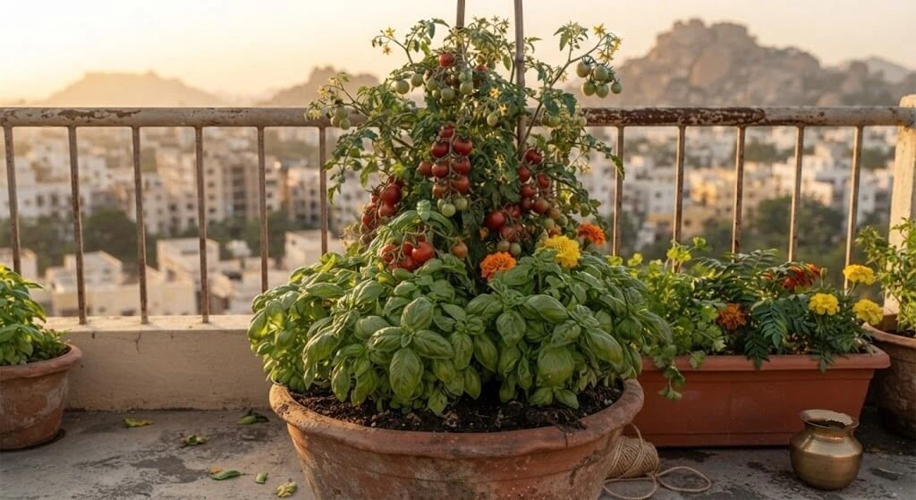 basil tomato companion planting pest control India