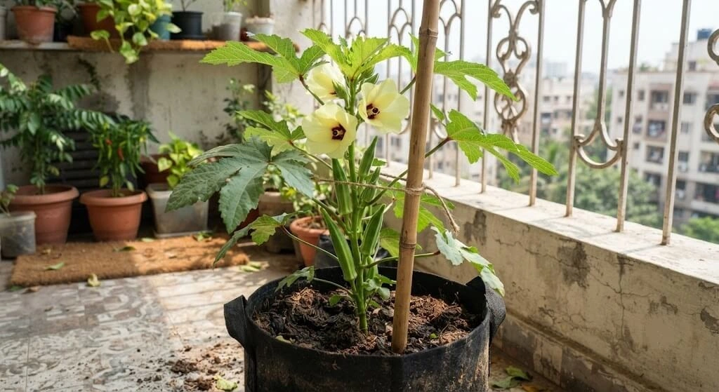 Bhindi okra plant with yellow flowers and green pods in a grow bag