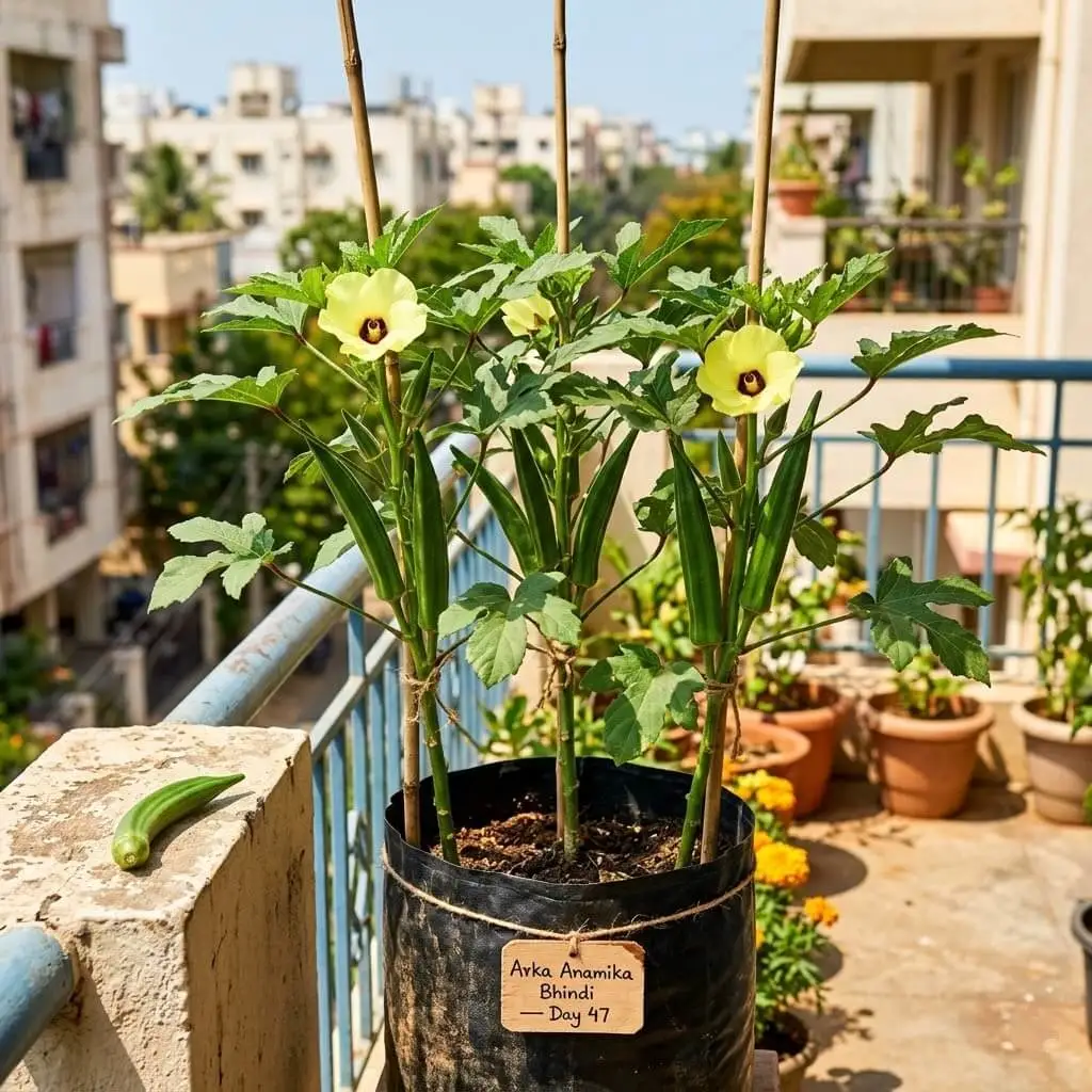 Bhindi okra plants in grow bags on Indian summer balcony showing green pods and yellow flowers