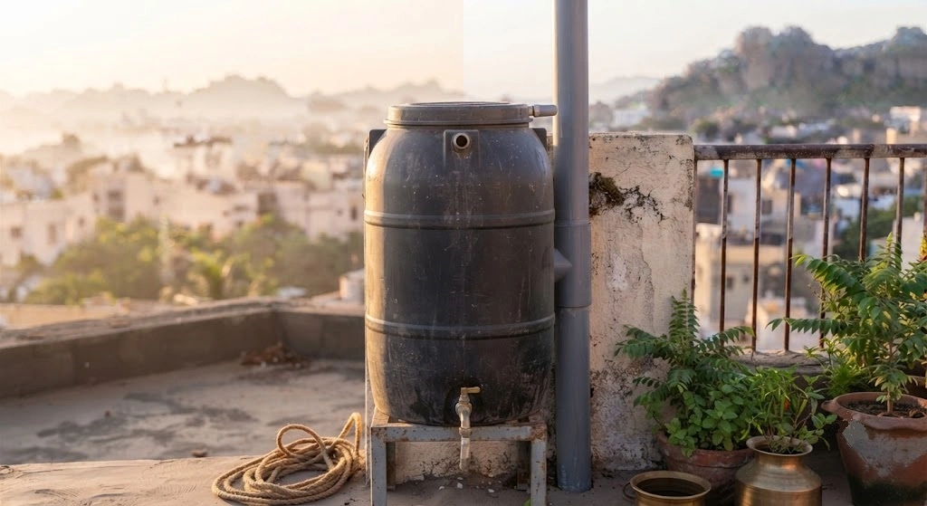 black HDPE drum on stand Indian balcony rainwater