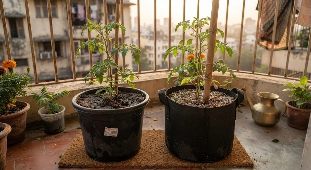 black plastic pot versus fabric grow bag temperature