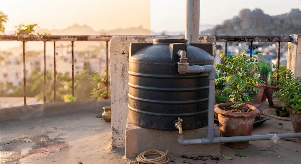 black Sintex water tank terrace rainwater harvesting