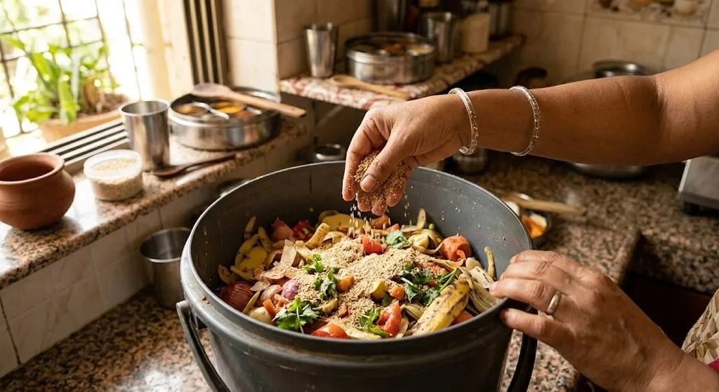 Layering food scraps with Bokashi bran during setup