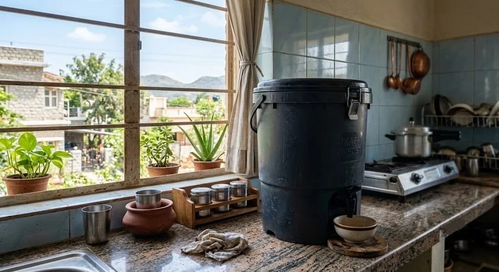 Bokashi composting bucket with spigot on a Madanapalle apartment kitchen counter