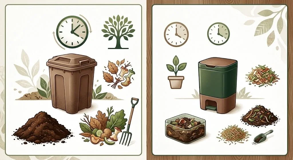 Side-by-side comparison of Bokashi and vermicomposting methods