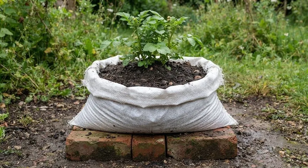 Empty cement bag turned into a fabric grow bag, Madanapalle terrace