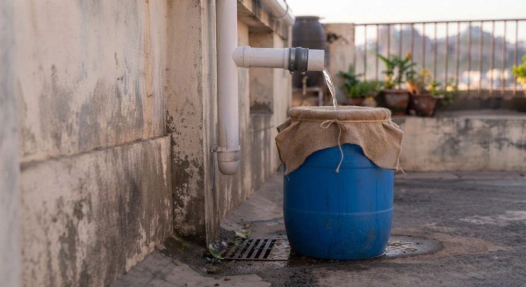 simple PVC pipe cloth filter rainwater collection drum