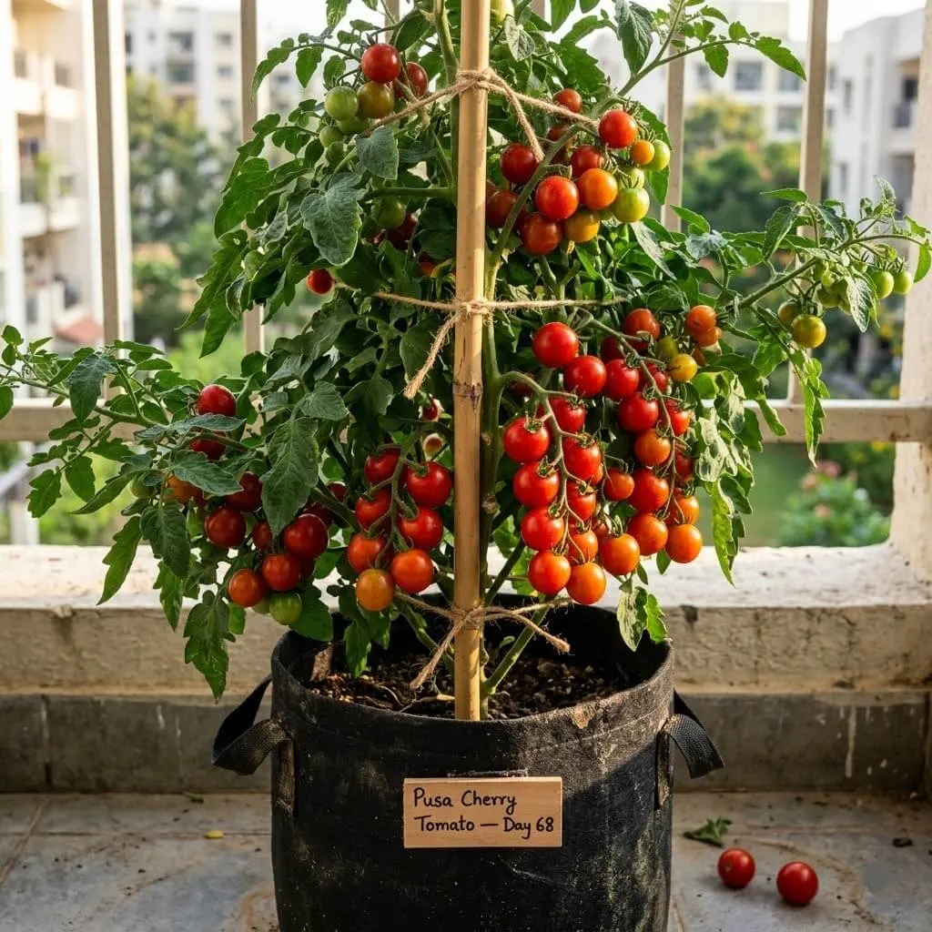 Cherry tomato plant in HDPE grow bag on Indian balcony with clusters of ripe red tomatoes