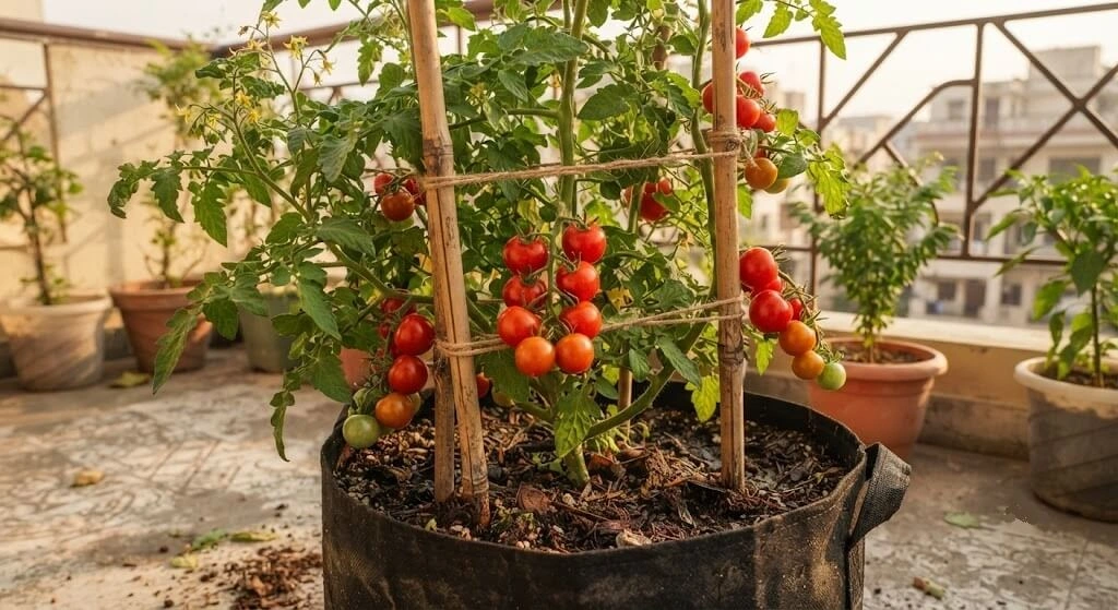 Ripe cherry tomatoes ready for harvest on an Indian balcony plant