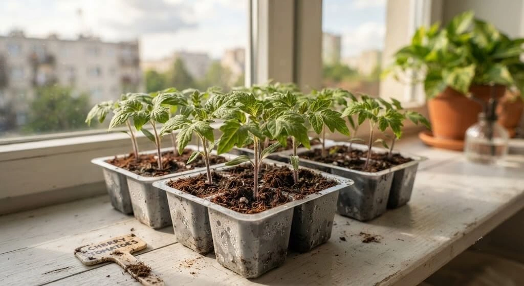 Cherry tomato seedlings starting in a cocopeat tray
