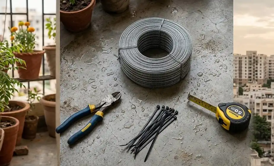 Chicken wire mesh and tools for building a DIY compost bi