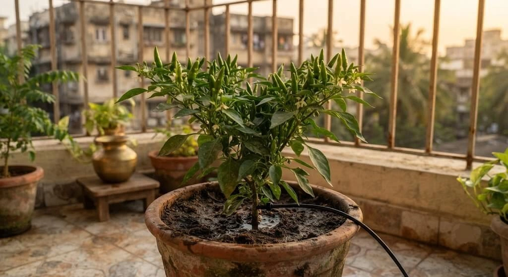 chilli tomato plant consistent watering container India