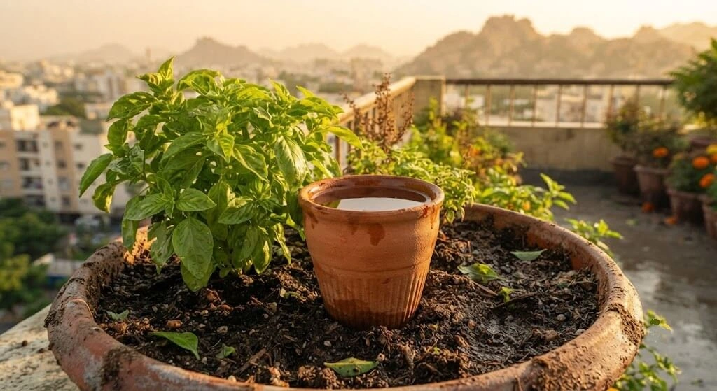 clay kulhad pot water reservoir companion plant technique