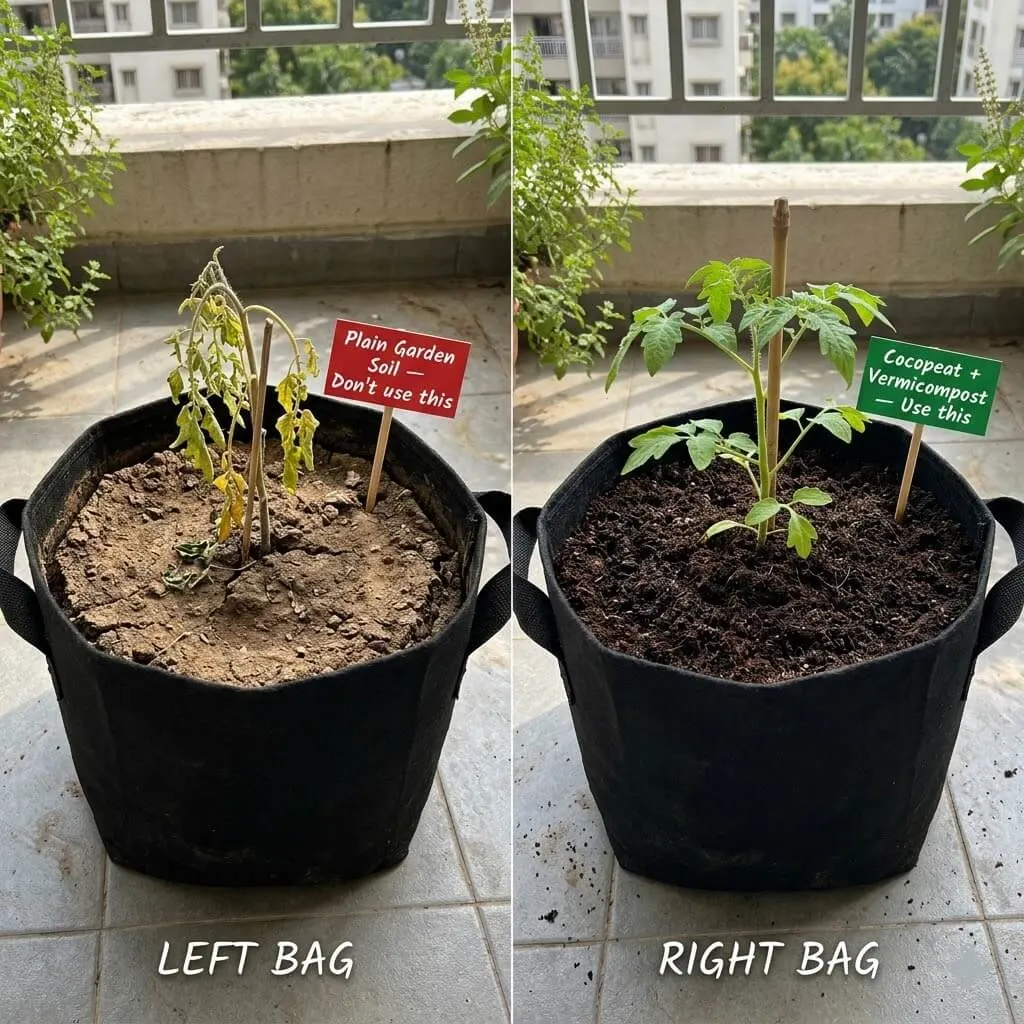 Common Indian balcony gardening mistake — plain garden soil compacted in grow bag causing