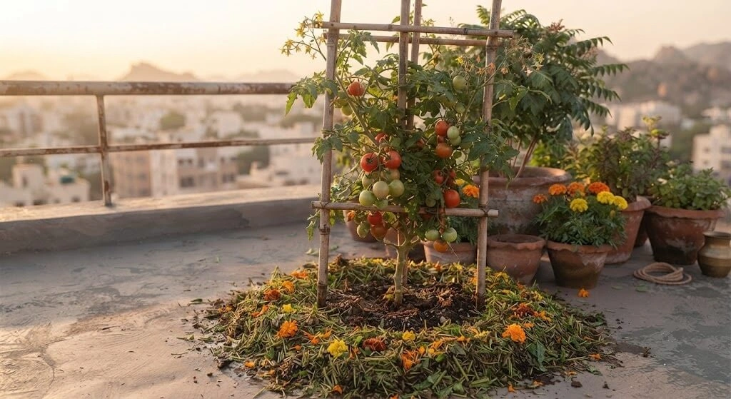 companion mulch chain trimmed herbs tomato container