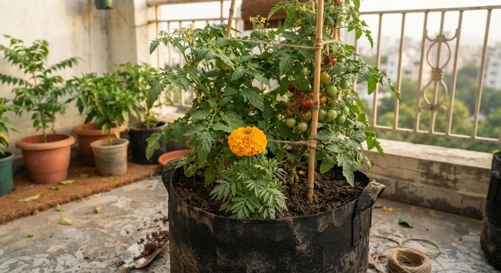 Companion planting cherry tomato with marigold in an Indian grow bag