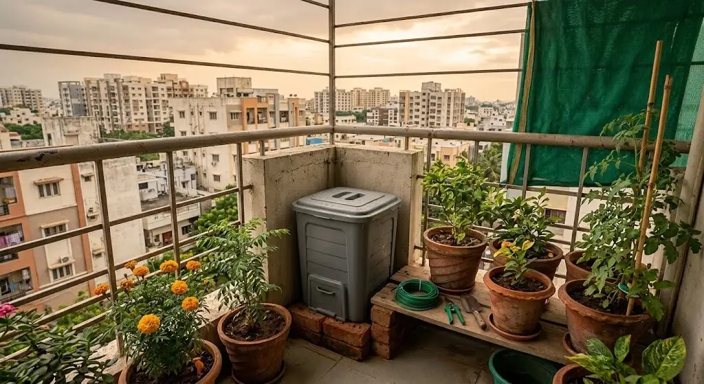 Compost bin placed in a shaded corner of an Indian balcony