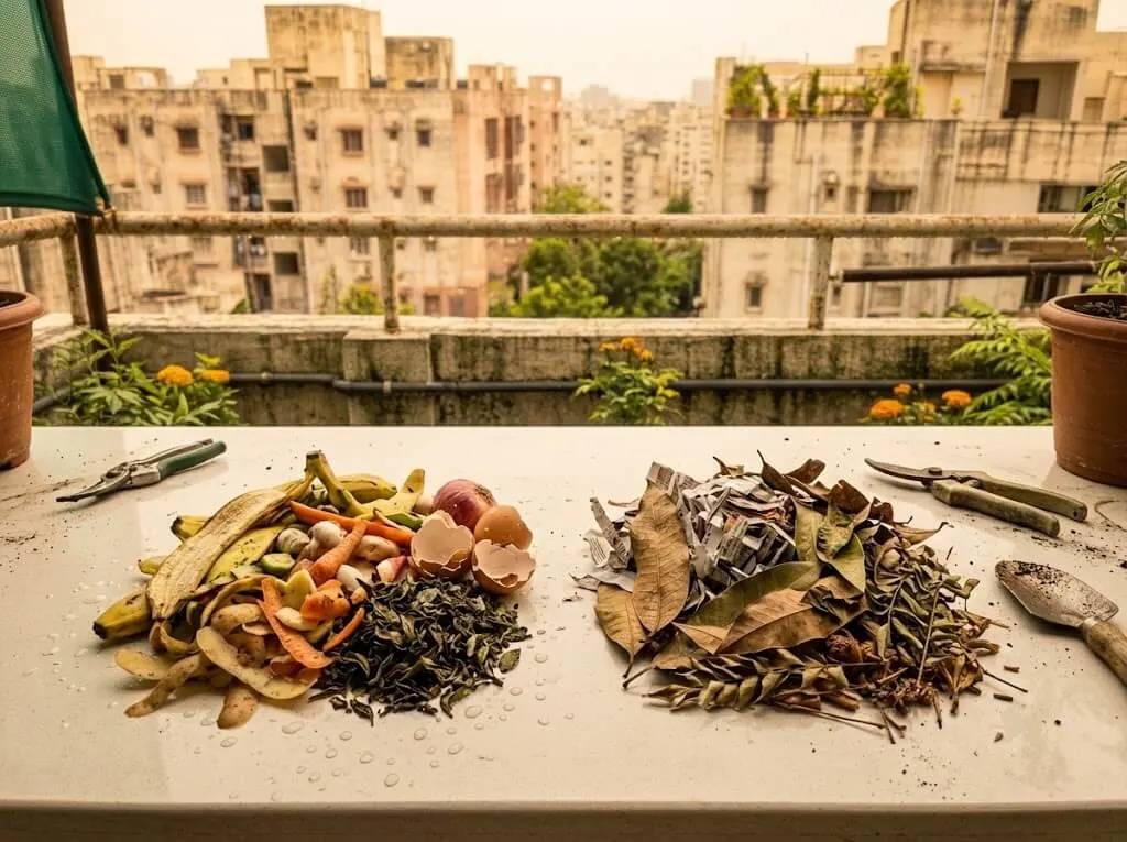 "Sorted green and brown composting materials for Indian households