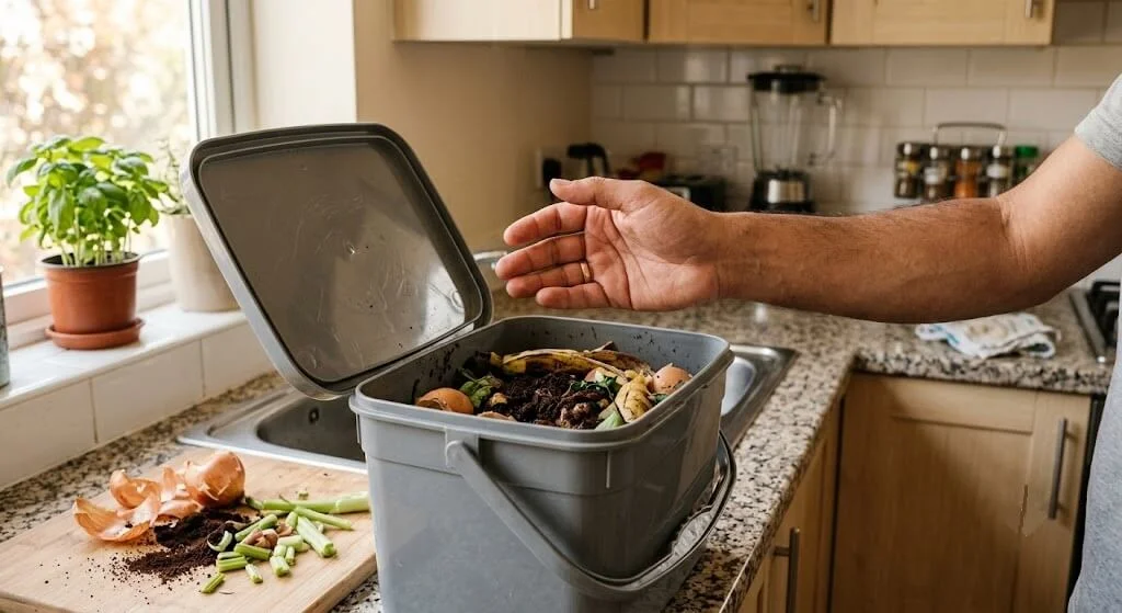 Checking a compost bin for odor and moisture issues