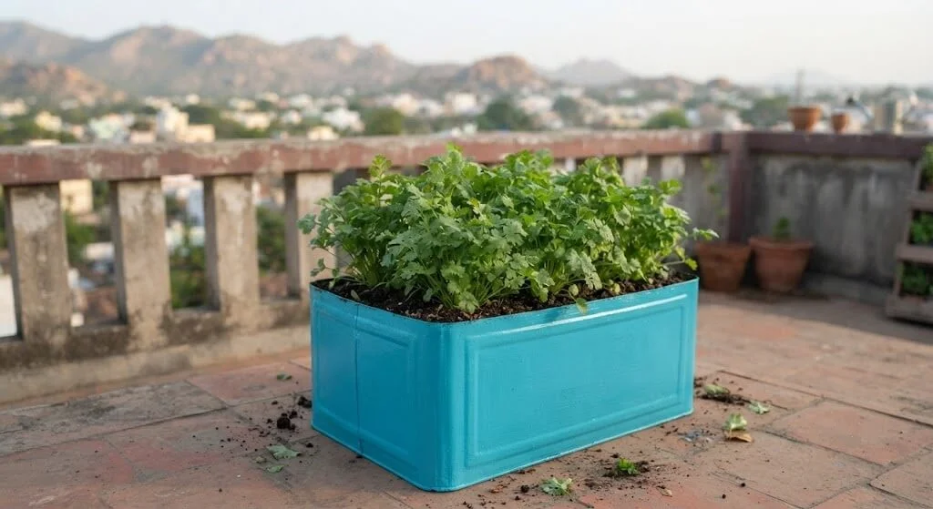 Repurposed cooking oil tin herb planter on a Madanapalle terrace