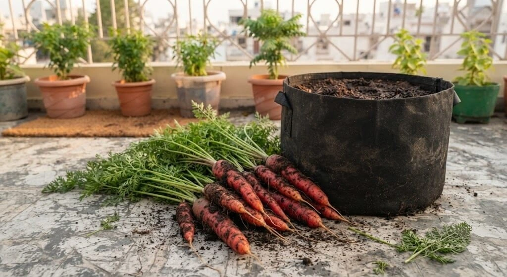 Desi red carrots harvested from a deep grow bag