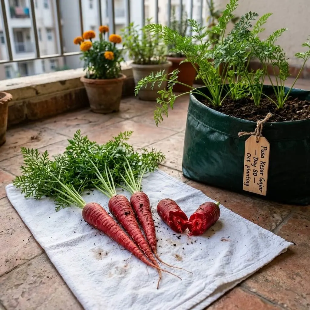 Desi red carrot gajar harvest from deep grow bag Indian balcony winter garden