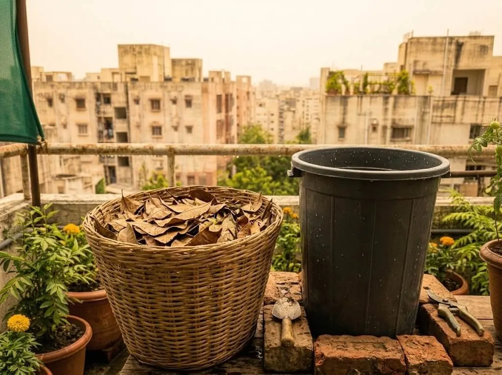 "Stored dry leaves as brown composting material
