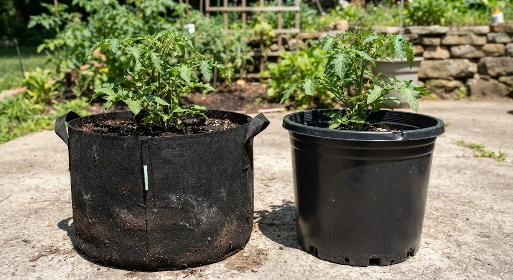 fabric grow bag versus black plastic pot temperature