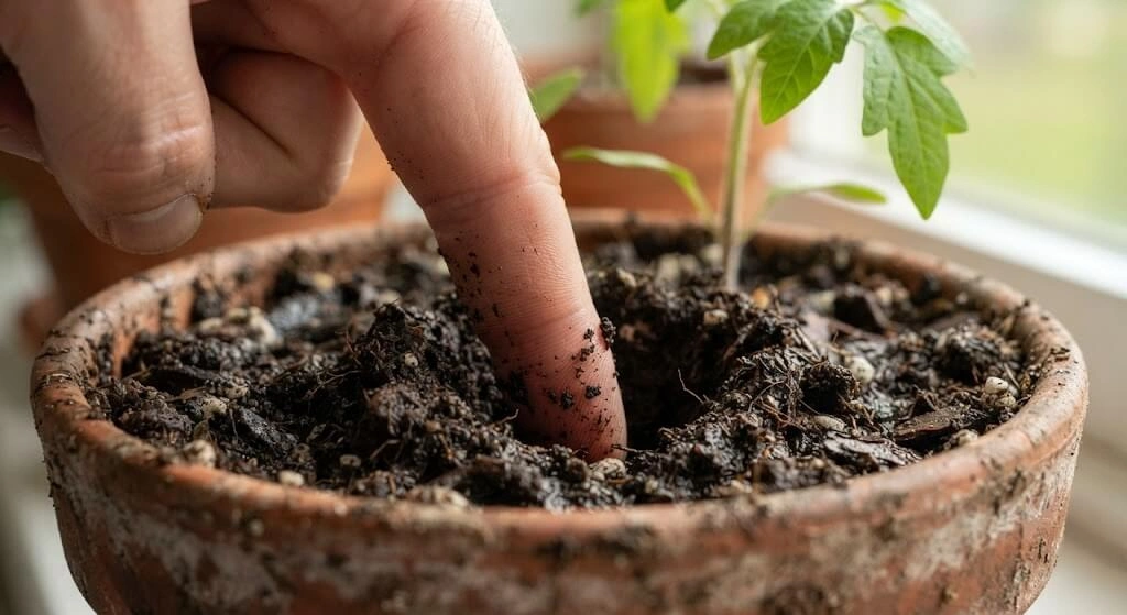 finger test 3cm soil moisture check Indian container