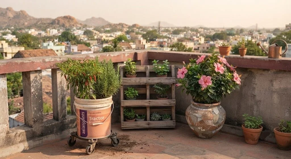 Finished collection of advanced upcycled planters styled on a Madanapalle terrace