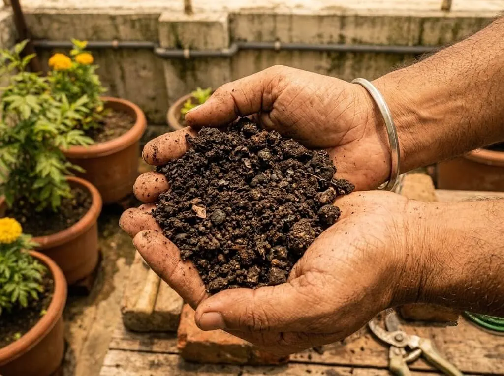 Dark crumbly finished compost ready for Indian container gardens