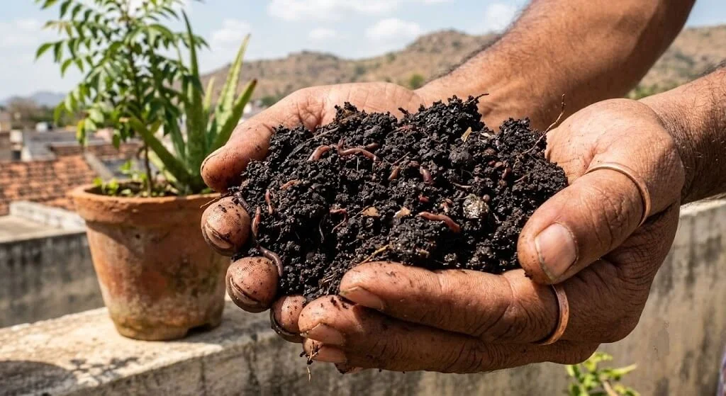 Dark, crumbly finished worm castings from a Madanapalle vermicompost bin