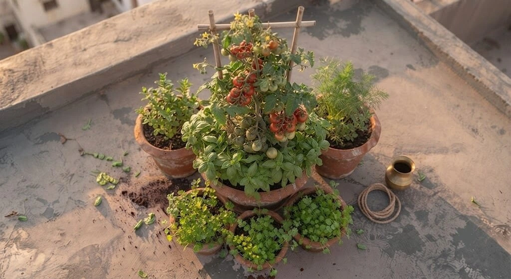 five container companion guild tomato marigold methi tulsi
