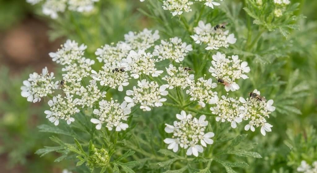 flowering coriander dhaniya attracting parasitic wasps