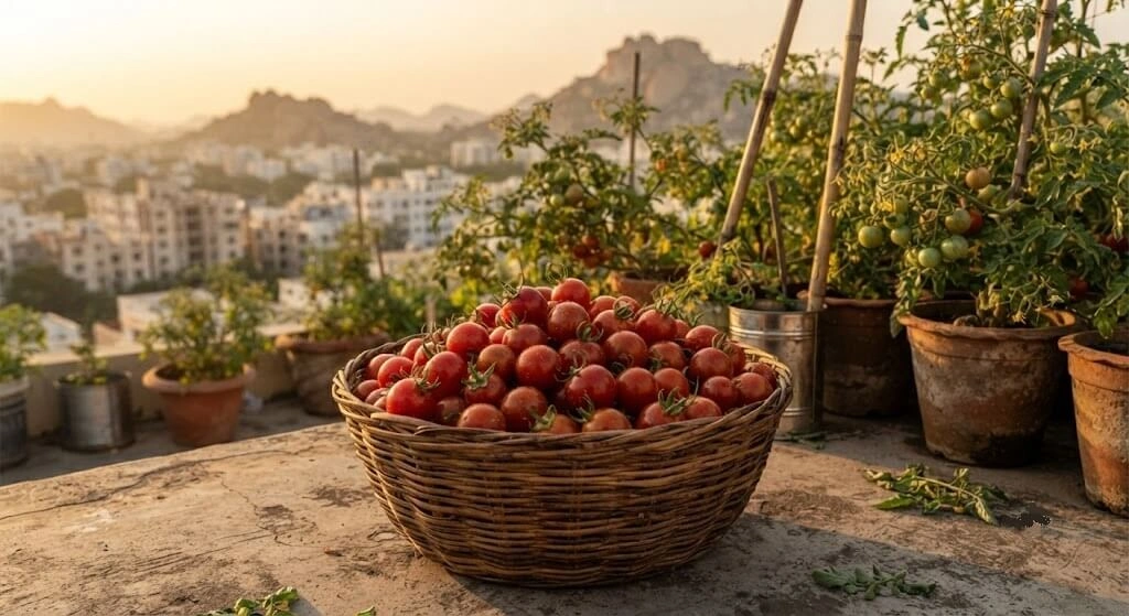 full harvest basket cherry tomatoes Indian balcony garden