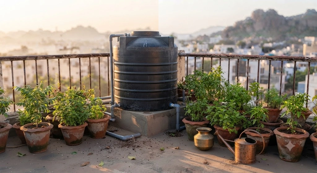 full rainwater tank garden irrigation dry season India