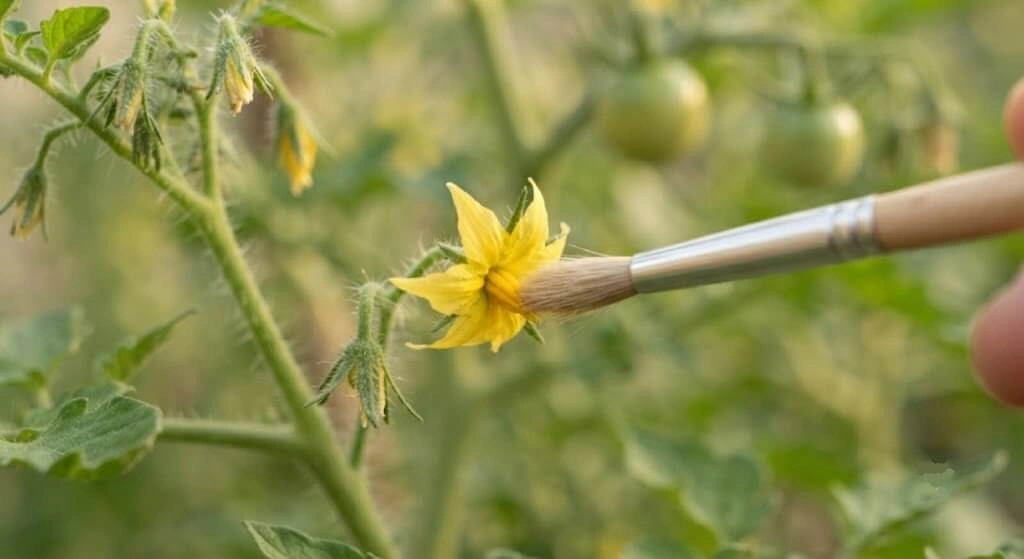 hand pollinating cherry tomato flower with small paintbrush