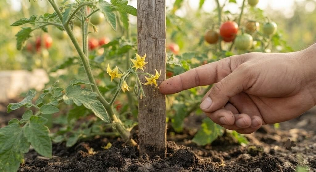 tapping tomato stake for pollination balcony India