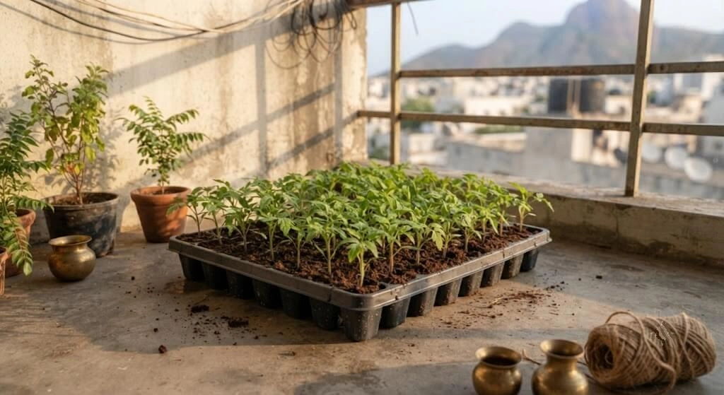 hardening off cherry tomato seedlings Indian balcony