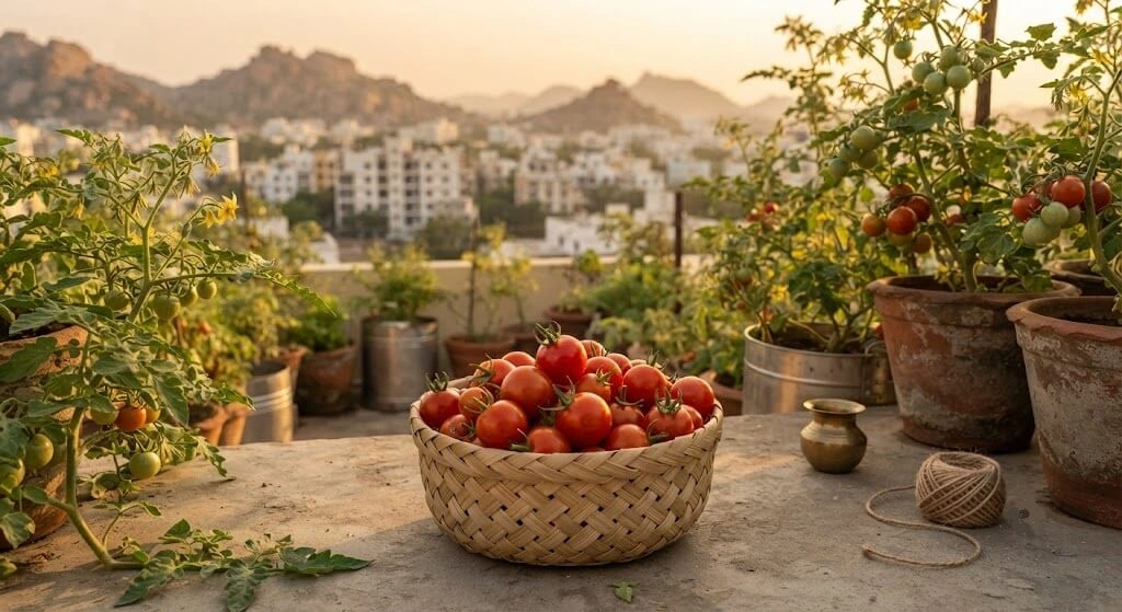 fresh harvested cherry tomatoes Indian terrace garden