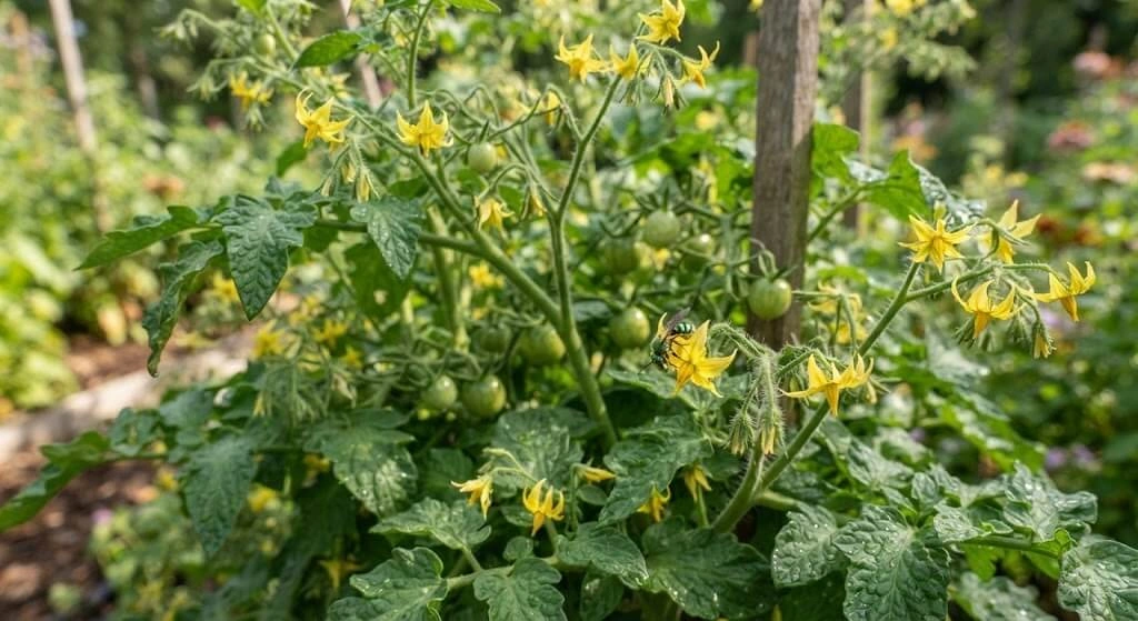 healthy tomato plant improved pollination beneficial insects